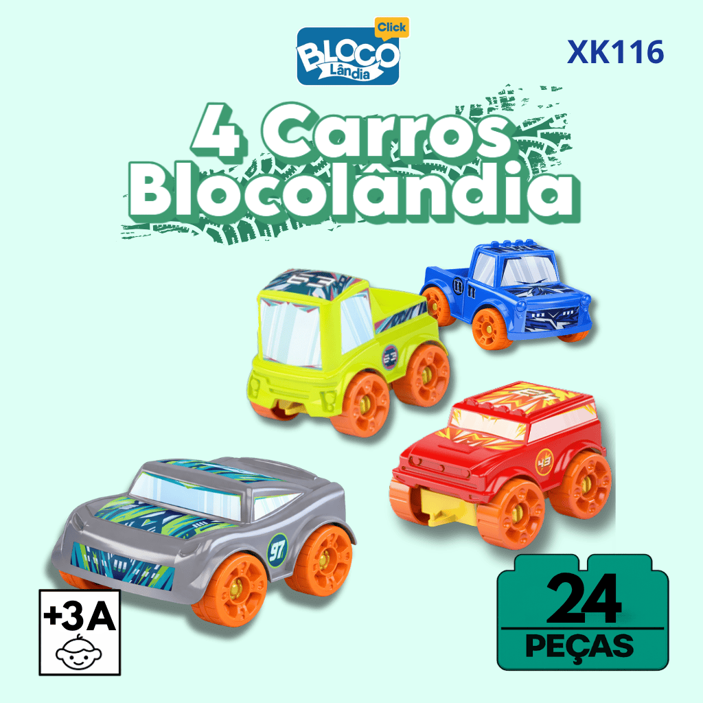 XK116 4 CARROS BLOCOLANDIA CLICK 24 PEÇAS (8PÇ)